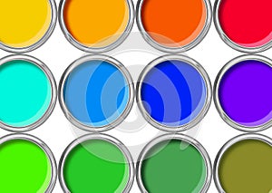 Paint cans color palette, cans opened top view isolated on white