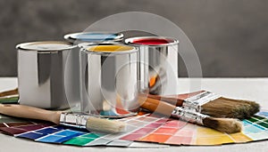 Paint cans, color palette samples and brushes on table