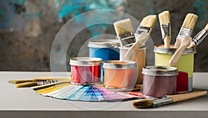 Paint cans, color palette samples and brushes on table