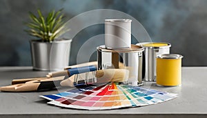 Paint cans, color palette samples and brushes on table