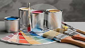 Paint cans, color palette samples and brushes on table