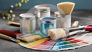 Paint cans, color palette samples and brushes on table