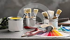 Paint cans, color palette samples and brushes on table