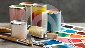 Paint cans, color palette samples and brushes on table