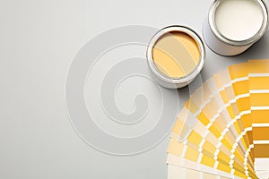 Paint cans and color palette on white background, top view.