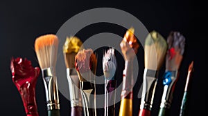 Paint cans and color palette on white background, top view