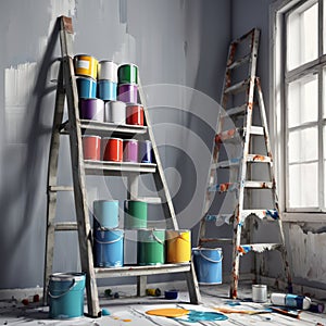 Paint cans on a ladder in the room to be repaired. Concept painting work repair painting