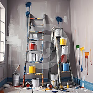 Paint cans on a ladder in the room to be repaired. Concept painting work repair painting