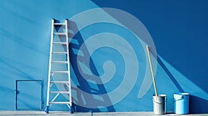 Paint Cans and Ladders Against Blue Wall