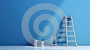 Paint Cans and Ladders Against Blue Wall