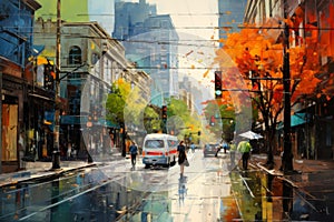 Paint cityscape road on background. Painting of a colorful city street with people and trees