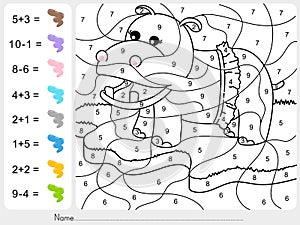 Paint color by numbers - addition and subtraction worksheet for education