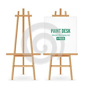 Paint Desk Vector. Artist Easel Set With White Paper. Isolated On White Background. Realistic Painter Desk Blank Canvas On paintin