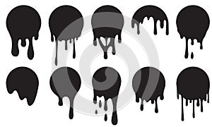 Paint drip circle labels. Black paint liquid. Ink drop set. Black inkblot.