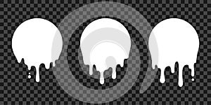 Paint drip stickers, circle white melt drop vector icons. Vector milk circle melt drops, paint drip blobs