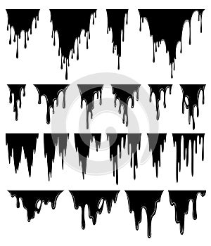 Paint dripping liquid. Flowing oil stain. Set of black drips. Abstract flow stencil. Vector illustration on white