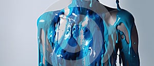 paint drips from the woman body, blue liquid drops on beautiful model girl`s body, creative abstract