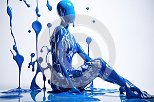 paint drips from the woman body, blue liquid drops on beautiful model girl`s body, creative abstract