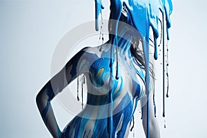 paint drips from the woman body, blue liquid drops on beautiful model girl`s body, creative abstract