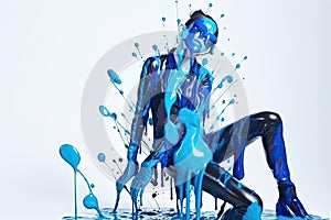 paint drips from the woman body, blue liquid drops on beautiful model girl`s body, creative abstract