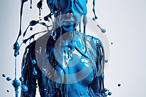 paint drips from the woman body, blue liquid drops on beautiful model girl`s body, creative abstract