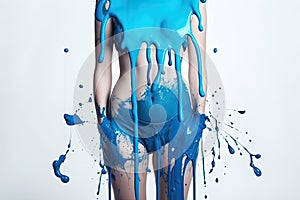 paint drips from the woman body, blue liquid drops on beautiful model girl`s body, creative abstract