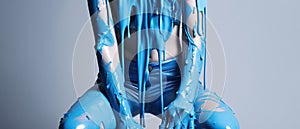 paint drips from the woman body, blue liquid drops on beautiful model girl`s body, creative abstract