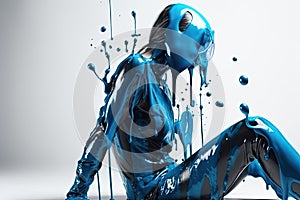 paint drips from the woman body, blue liquid drops on beautiful model girl`s body, creative abstract