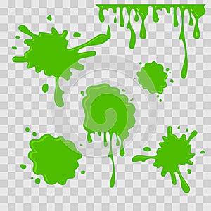 Paint drop abstract illustration. Green slime on checkered transparent background. Flat style. Vector set.