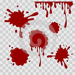 Paint drop abstract illustration. Red blood on checkered transparent background. Flat style. Vector set. photo