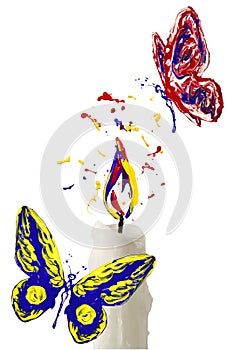 Paint flame on the candle and red yellow blue butterfly flying a