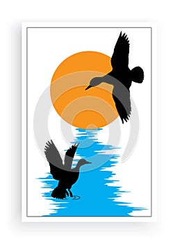 Geese birds silhouettes on sunset, vector. Swamp life cartoon illustration. Scandinavian minimalist art design