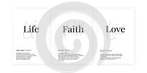 Life Faith Love definition, vector. Minimalist poster design