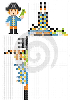 Paint by number logic puzzle, nonogram. Pirate with a parrot