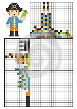 Paint by number logic puzzle, nonogram. Pirate with a parrot photo