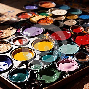 Paint palette showing variety and assortment choice of colors for art