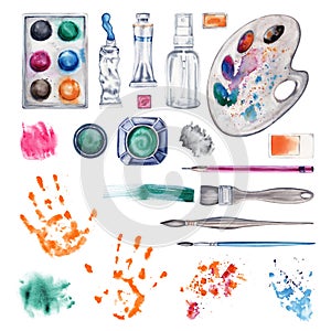 Paint pallette, brushes, pencil, hand prints, color splashes, ink set. Watercolor illustration isolated on white background. Art