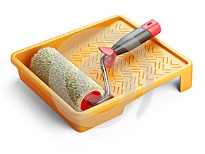 Paint plastic tray with roller brush inside. Tools for repair