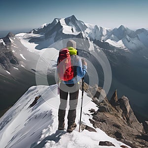 Paint a portrait of a hiker reaching the mountaintop, triumphant and awed by the view1