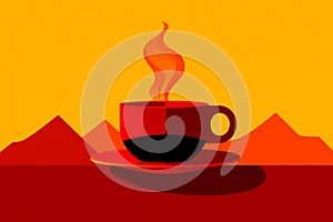 Paint red cup of coffee with flame on ted and yellow background. abstract creative backgrounds with coffee linear icon -