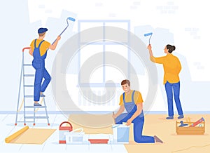 Paint repair team. Decorative repairment plaster of house room, craftsman master renovate putty wall apartment, process
