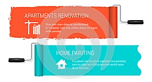 Paint roller banners. Apartment renovation banner template. Vector illustration isolated on white