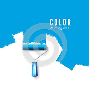 Paint roller brush. Paint texture when painting with a roller. Painting the wall in blue. Vector illustration