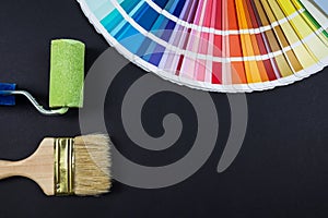 Paint roller and brushes with color swatch book