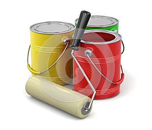 Paint roller and Cans of paint