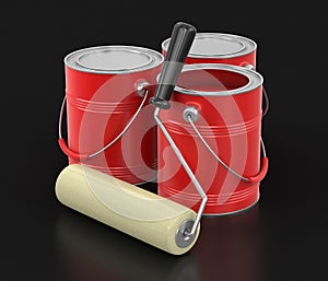 Paint roller and Cans of paint (clipping path included)