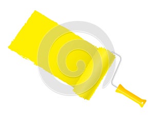 Paint roller color in yellow white background template. Banner round paint brush draws wide strip repainting wall in