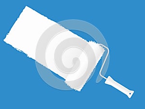 Paint roller dye in white blue background template. Round banner paint brush draws wide strip repainting wall in new