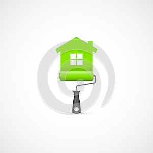 Paint roller with green house symbol icon