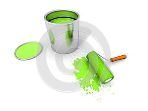 Paint roller, green paint can and splashing